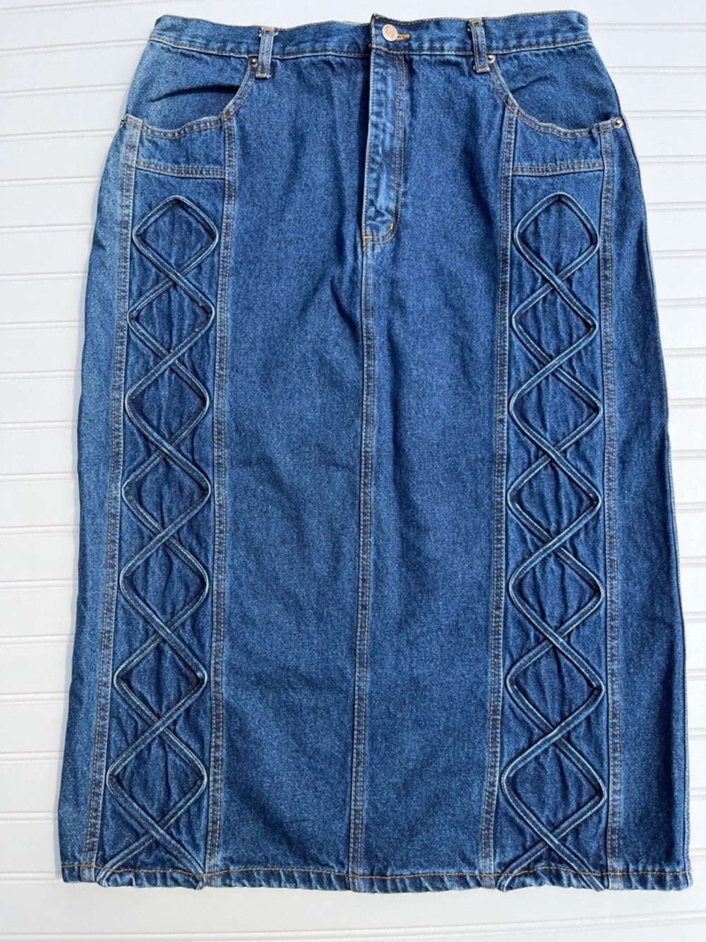 Vintage Y2K Boutique Western Denim Midi Skirt Lace Up Panel Cowgirl 19/20 (35.5)